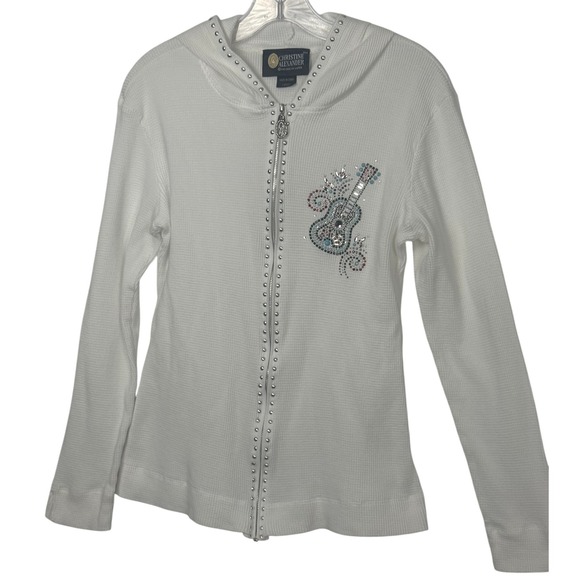 Christine Alexander Tops - Christine Alexander White Waffle Knit Guitar Rhinestone Zip Up Hoodie Jacket L
